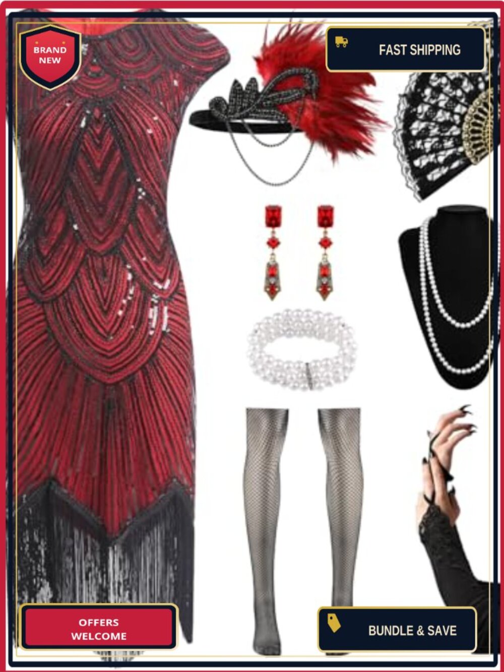 1920s Flapper Dress Sequin Fringe Roaring 20s Costume Set
